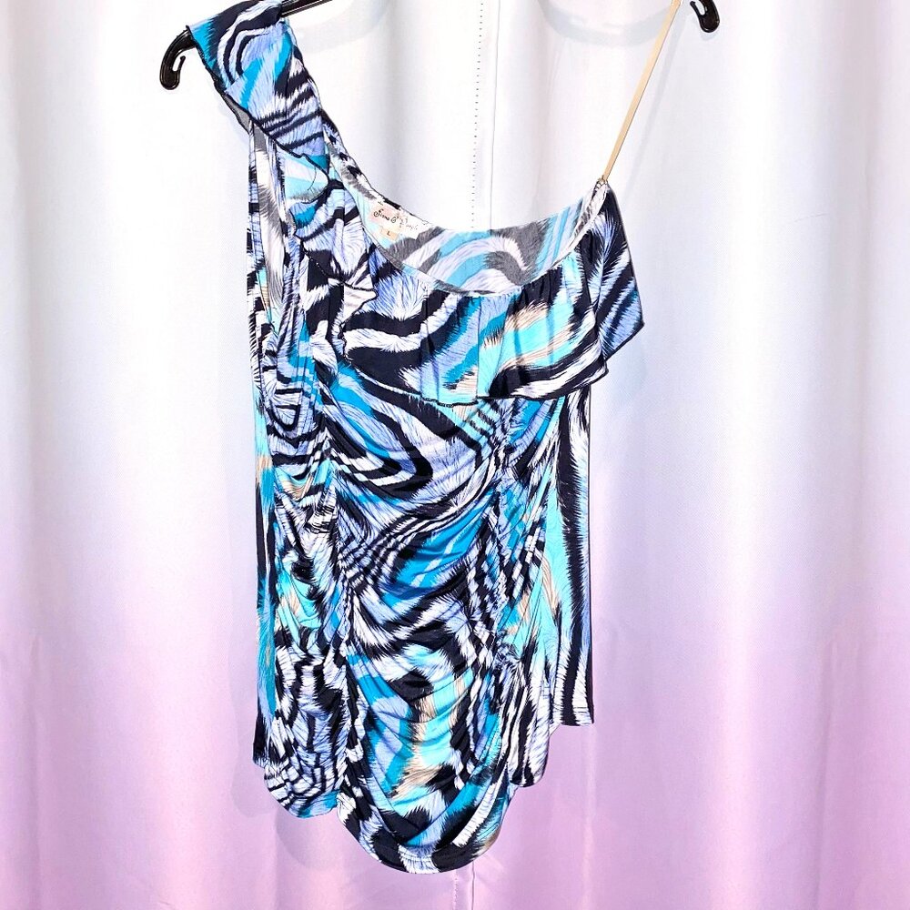 Fiona & Purple Y2K One Shoulder Blue & Black Top Size Large